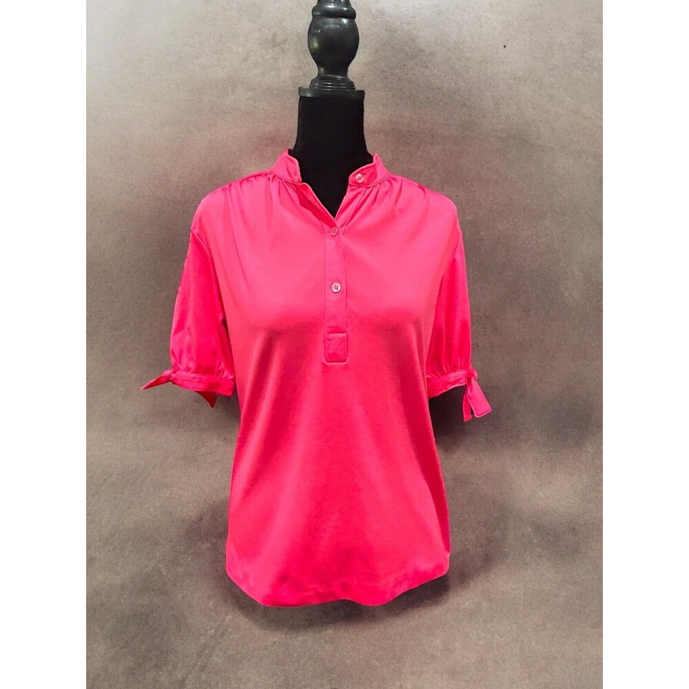 Vtg Rhonda Lee Button Short Puffy Tie Sleeve blouse Coral polyester Size 10 80's